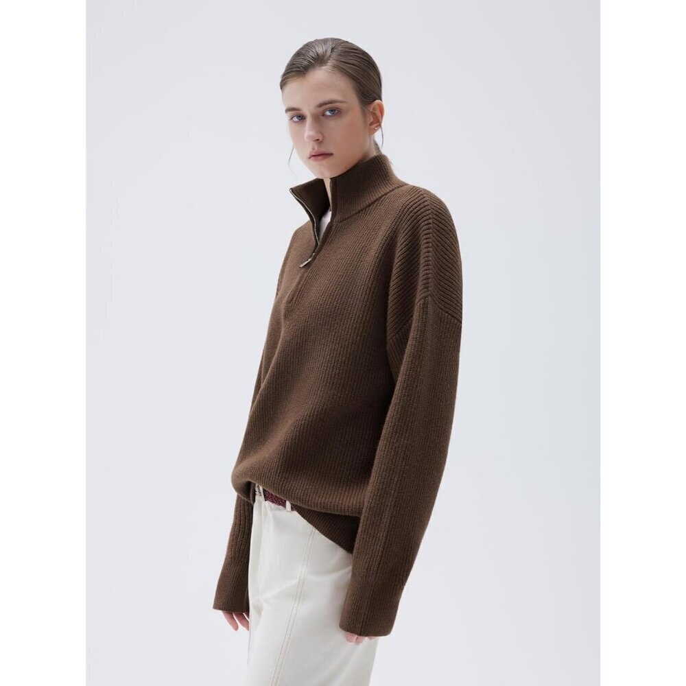Women Brown Oversized Cashmere Collared Ribbed Long Sleeve Sweater - Picture 5 of 7